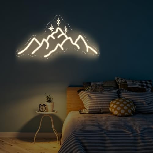 Image of ACOTAR Neon Sign Mountain With Star LED Light Book Lover Gift | Starry Mountain Reading Nook Decoration USB Powered Dimmable Bookish Home Wall Room Deocr Warm White 17.7 inchx9.3 inch