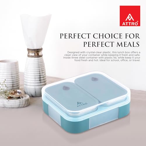 Image of ATTRO Admire 2 Insulated Lunch Box | 2 Removable Stainless Steel Containers with Lids | BPA-Free, Food Grade, Leak-Proof| Ideal for School, Office & Outdoor Use| 800ml, Aqua Blue