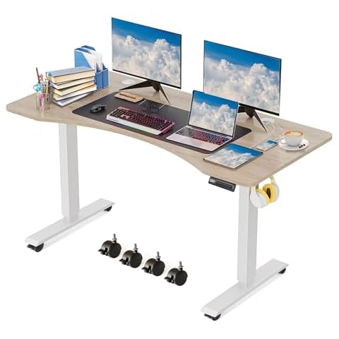 KORGOL Electric Standing Ergonomic Desk 55 x 24 Inches Adjustable Height Sit Stand Up Desk for Home Office Computer Desk with Memory Preset, Headphone Hook (WhiteFrame & Oak Top) Cover