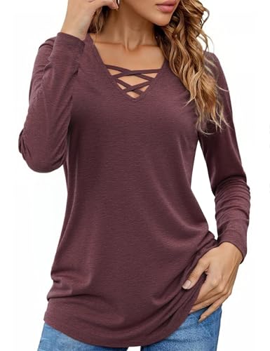 Totatuit Top Mujer Sensual con Escote en V Blusa de Algodón Suave Transpirable y Suelta Ideal para Citas Oficina o Uso Diario en Primavera y Otoño Rojo Vino，XL