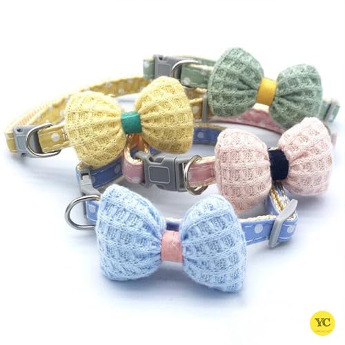 Image of YellowCult Fancy & Comfortable Pet Collars for Cats, Puppies, Small Dogs, Fat Rabbits with Adjustable Size,Bow, Bell & Buckle Safety Lock-[Knitted Bow] - [Fresh Blue]