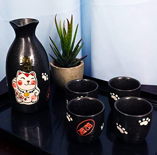 Japanese Maneki Neko Lucky Charm Cat Glazed Ceramic Black Sake Set Flask With Four Cups Great Asian Living Home Decor And Gift For Housewarming Special Friendship Eastern Decorative Party Set #TOP12