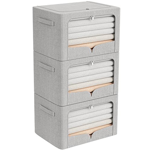 3 Pack Clothes Storage Bins Foldable Metal Frame Storage Box Extra Large Stackable Linen Fabric Organizer Set with Carrying Handles and Clear Window (Light Gray, 23.6x16.5x15.7inch(100L))