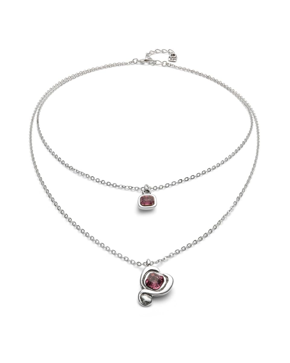 UNOde50 | Colgante De Aleacion De Metales | Bañado En Plata de Ley | Cadena Doble Y Corazon Con Cristal Rosa| Joya Artesanal | Hecho en España