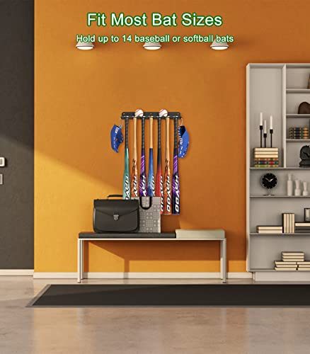 Qba Wall Mount Baseball Bat Holder, 8 Prongs Heavy Duty Steel Bat Rack Holds 14 Bats, Baseball Softball Bats Organizer On Dugout Fence Home Garage, 14 Bats Rack #TOP1
