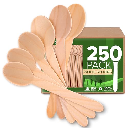 100% Wooden Disposable Spoons, (250 Count) Planet Friendly Utensils, Compostable Cutlery Spoons For Parties, Concession stands And Hosting