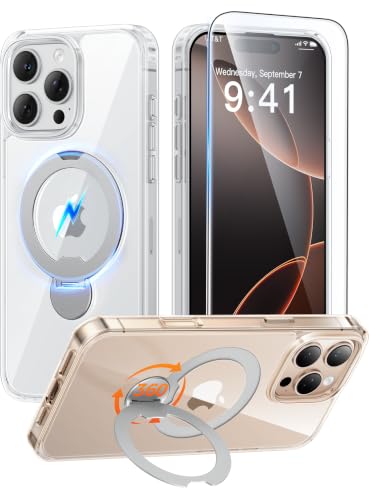 Image of FNTCASE for iPhone 16 Pro-Max Case: [360 Spin Magnetic Stand] [Compatible with Magsafe] [Screen Protector] Clear Magnetic Phone Cases Anti Yellowing Shockproof Protective Phone Cover - Clear