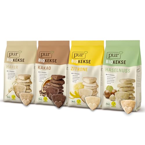Pur Bio Kekse Probierpaket, 4 x 125g Beutel mit 4 Sorten: Haferkekse, Kakaokekse, Zitronenkekse und Kekse mit Haselnuss, leckerer Snack als Knabberartikel, mit je nur 5 natürlichen Zutaten, bio, vegan