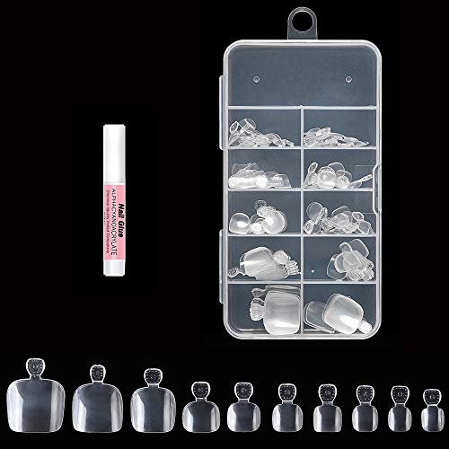 Fake Toenails Full Cover False Toe Artificial Nail Tips 100pcs 10 Sizes With 1pcs glue for DIY Salon Foot Manicure (clear)