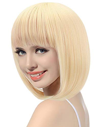 Short Bob Hair Wig 10'' Straight Bangs Short Hair Candy Color Cosplay Synthetic Wig Natural as Real Hair with Wig Cap, Daily Party Hairpiece for Women Girls (Light Blonde)