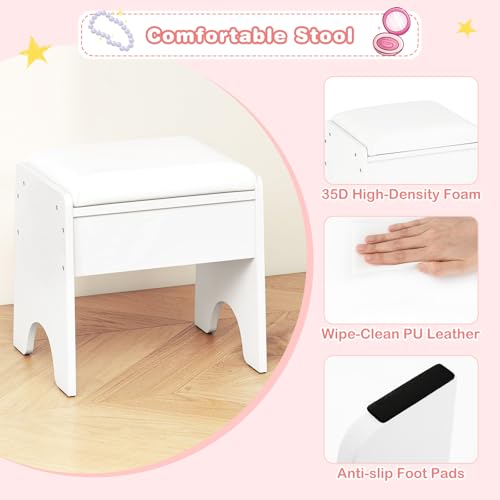 Image of INFANS Kids Vanity with Lights, Princess Makeup Desk with Mirror Storage Shelves, Toddler Table and Chair Set Pretend Play for Girls Aged 4-9 (Cream White)