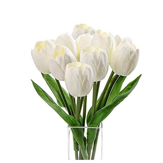Tulipanes Artificiales, 10Pcs Flores Artificiales, Flores Artificiales Decoracion, Flores Tulipanes Artificiales en Látex, Flores Secas, Tulipanes Ramo de Flores para Boda Hogar Decoración (Blanco)