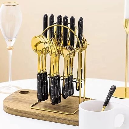 Image of MERISH Spoon Fork & Knife Set - Cutlery Set with Stand - Gold Plated | Stainless Steel - 24 Pcs (Black)