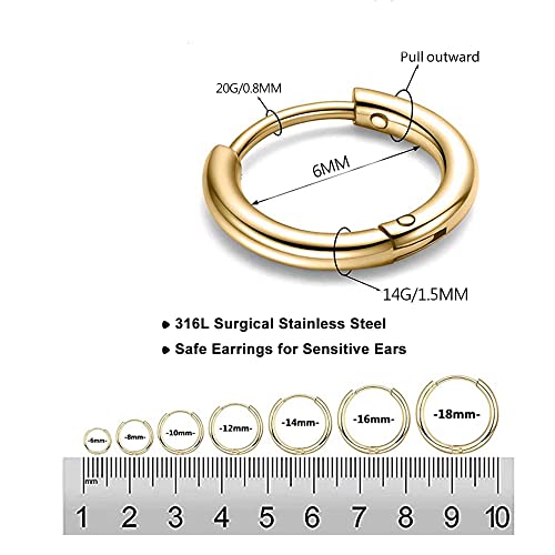 Image of 316L Surgical Stainless Steel Huggie Hoop Earrings 6mm 8mm 10mm 11mm 12mm 14mm Hypoallergenic Earrings Hoop Cartilage Helix Lobes Hinged Sleeper Earrings For Men Women