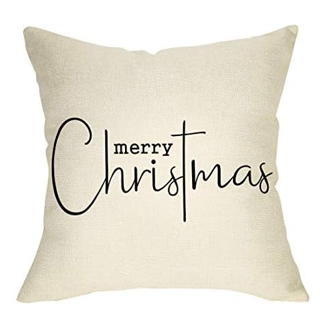 Softxpp Merry Christmas Throw Pillow Cover, 16" x 16" Inch Decorative Xmas Sign Rustic Cushion Case, Farmhouse Home Winter Decoration Holiday Square Pillowcase Decor for Sofa Couch Cotton Linen Cover