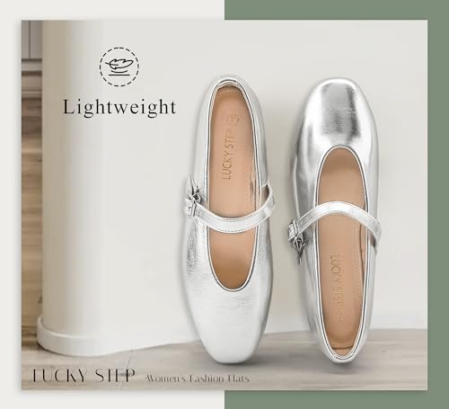 LUCKY STEP Women's Mary Jane Flats Buckle Strap Ballet Dress Pointed Toe Daily Casual Low Heel Faux Leather Formal Wedding Shoes4
