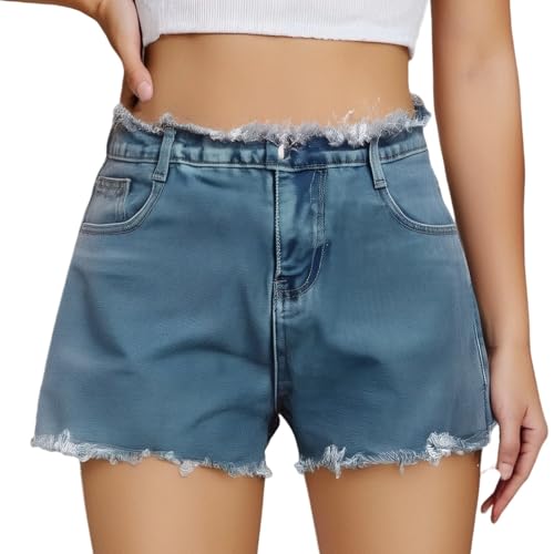 Vaqueros Mujer Tallas Grandes - Shorts Vaqueros De Cintura Alta para Mujer con Detalle De Flecos Estilo Casual De Verano Desgastados Ideales para Festivales De Música Y Uso Diario