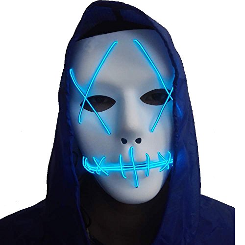Halloween Mask Cosplay LED Glow Scary EL Wire Light Up Grin Masks for Festival Parties Costume (Blue)