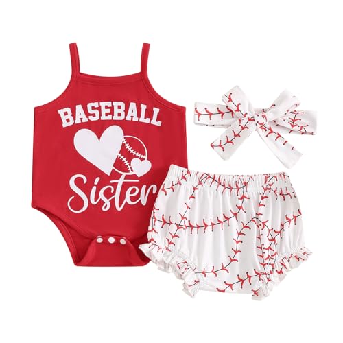 Image of Newborn Baby Girl Baseball Outfit Baseball Sister Romper Baseball Bloomers Shorts Set 3Pcs Cute Summer Clothes