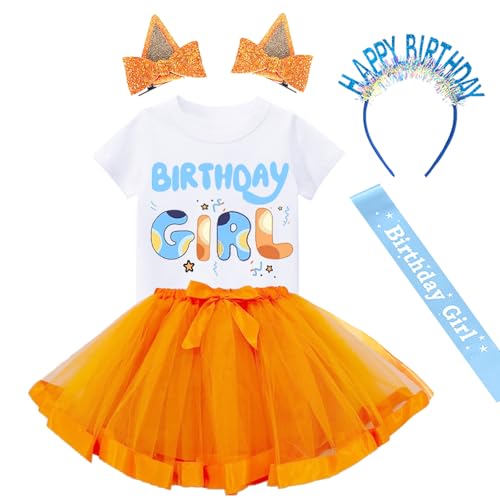 Birthday Girls Outfit - T-Shirt,Tutu Dress,Blue Ears,Headband,Satin Sash Set - Birthday Party Gifts for Girls Kids