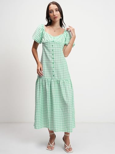 Image of Tokyo Talkies Womens Dresses for Women | Checkered Print | Front Button Detail | Sweetheart Neck | Midi Dress | Puff Sleeves | Elegant Fit | Dress for Women | Women Dress | Stylish Women Dress