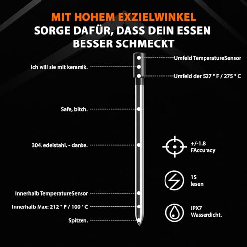 Drahtloses Fleischthermometer mit 150 m Reichweite,IP67 Meat Thermometer Smart Meat Thermometer Grillthermometer und Wiederaufladbares Digital Küchenthermometer für Braten Küche... – Bild 6