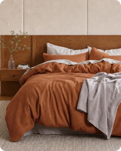 Image of Bedsure PureWoven 3 Pieces Cotton Waffle Duvet Cover Set, Queen, Terracotta