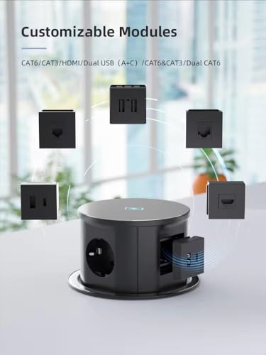 Image of Audiovan Vertical Pop Up socket Pneumatic Countertop 3 Power+ 1HDMI 1LAN RJ45 1USB A+C charge 18 watt 15 Wt Fast Wireless charge Kitchen Counter Conference Box VMP-28