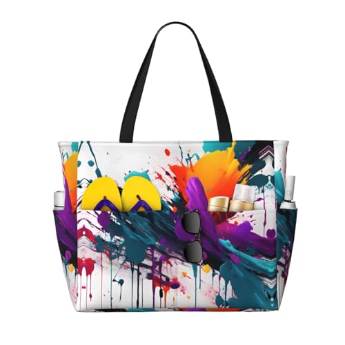 Paint Splatter Large Beach Tote Bag Women Beach Tote Bag For Pool Gym Grocery Travel With Multiple Pocket