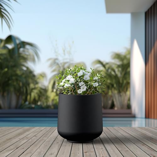 Image of Kante Large Round Curved Black Concrete Planter 16.5 inch Dia, Outdoor | Rubber Plug for Indoor, Drainage for Garden, All-Weather Cement Tree Pot, Handcrafted, Anti-Frost & UV, Modern Home Decor