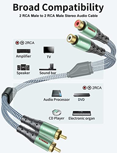 RAWAUX 2 RCA Extension Cable 2M, Subwoofer Cable 2 RCA Male to Female Nylon Braid Stereo Audio Adapter for Speaker Amplifier - Image 3