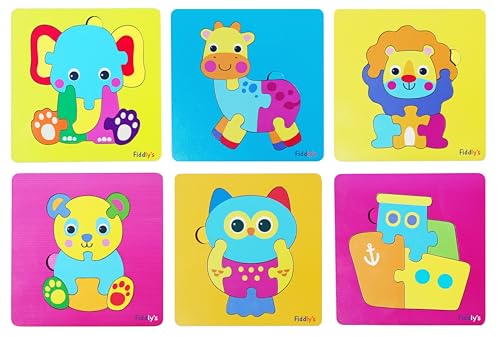 Image of Fiddlys 3D Cute Cartoon Wooden Jigsaw Puzzles for Kids & Children Double Layered Wooden Puzzles with Bright Front & Back Print (Pack of 6 Baby Animal + Ship)