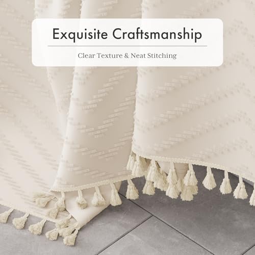 Image of AmazerBath Boho Farmhouse Shower Curtain with Tassels, Beige Shower Curtain Set Fabric, Soft Cloth Chevron Rustic Shower Curtain with Hooks, Hotel Quality, 72x72 Inches