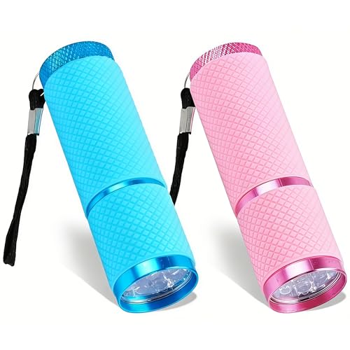 WSHuayee 2 PCS Super Bright Mini Torches with 9 LEDs Battery Powered Small Torch with Lanyard Glow in Dark Pocket Flashlight for All Ages Camping Hiking Emergency Outdoor Gifts (Blue+Pink)