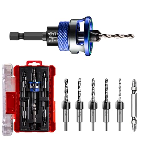 Anosuwa Jeu de 5 Forets Fraisoirs HSS M2 avec Butée à Roulement, Tige Hexagonale 6,35 mm, Profondeur Réglable 82°, Foret Fraiseur Bois Précis, avec Clé...
