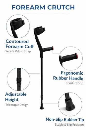 Image of 4-Leg Medical Walking Aid for Old People Adjustable Height Heavy Duty Lightweight Walking Stick for Senior Citizen & Patients Anti-Slip Base High Mild Steel (Black Elbow Crutch)