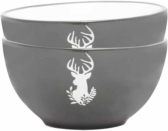 Set of 2 Bowls - Hand Painted Grey & White Reindeer Stoneware Crockery Dinner Service Dishwasher & Microwave Safe Christmas Dinner Table Breakfast Cereal Soup Pasta Dessert Serving Bowl