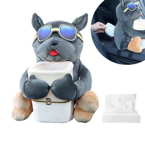 Multlife Plush Dog Car Tissue Box & A Pack of Tissues, 2 in 1 Car Tissue Box and Trash Can, Animal Tissue Box for Car Plush Tissue Box Cute Napkin Tissue Paper Holder (ADog)