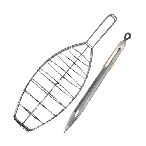 Fackelmann Set de Accesorios para Barbacoa, Incluye Besuguera de Acero Inoxidable y Pinzas BBQ 45 cm Acero Inoxidable con Mango Soft