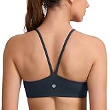 CRZ YOGA Butterlift Double Lined V Back Sports Bras for Women - Scoop Neck Spaghetti Strap Wireless Yoga Top Non Padded True Navy Small