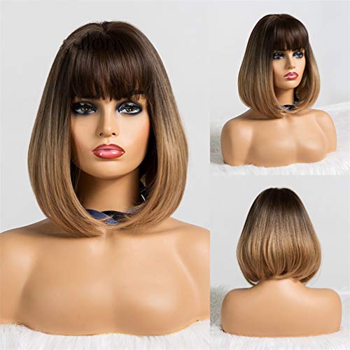 Perruque courte bob brune cheveux raides synthétiques avec frange femme