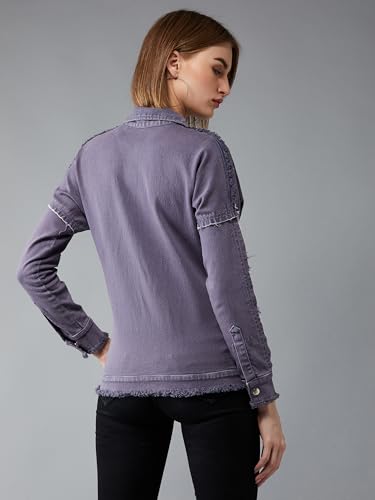 Image of Miss Chase Women's Polo Neck Full Sleeves Patch Pocket Denim Overcoat Knee-Length Jacket