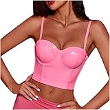 Women's Sexy PU Leather Sweetheart Corset Crop Top Cold Shoulder Sleeveless Boned Bustier Party Clubwear Tank Top Pink
