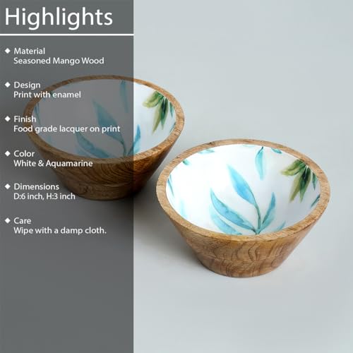 Image of SAAGA Mango Wood Nuts Bowl Set of 2-6 x 3 Inch Decorative Wooden Snack & Dry Fruit Bowls | Soup Serving Katori for Kitchen & Dining - White & Aquamarine