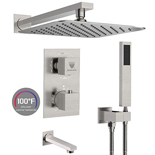 Système de douche HIMK, ensemble de robinet de douche avec bec de baignoire pour salle de bain et ensemble de douche mural de tête de douche à effet pluie 10 ', nickel brossé