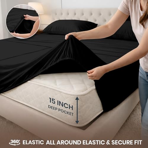 Image of SGI Split King Sheet Set for Adjustable Bed Egyptian Premium Cotton 600 Thread Count Sheets for Sleep Number Bed 15 inch Deep Pocket 5 Pc Set with 2 Twin XL Fitted Sheets Soft Breathable -Black