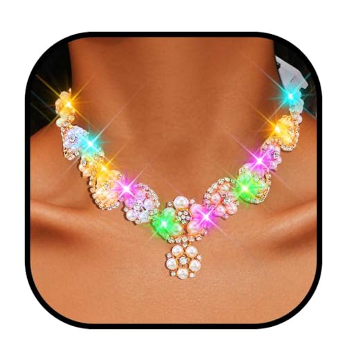 JEWEKY Light Up Pearl Necklace Led Gold Rhinestone Necklaces for Women