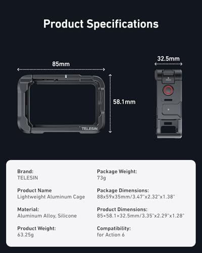 Image of TELESIN Aluminum Alloy Protective Frame Case with Magnetic LED Light for DJI Osmo Action 6 Camera, Quick-Release Metal Rabbit Cage Protective Frame Housing Sleeve with 1 /4 inch Screw and Cold Shoe