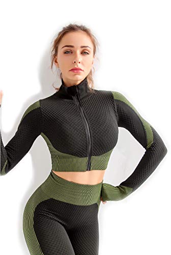 Redqenting Women’s Cute Crop Tops Long Sleeve Yoga Seamless Shirts with Thumb Holes Zip Up Sweatshirt