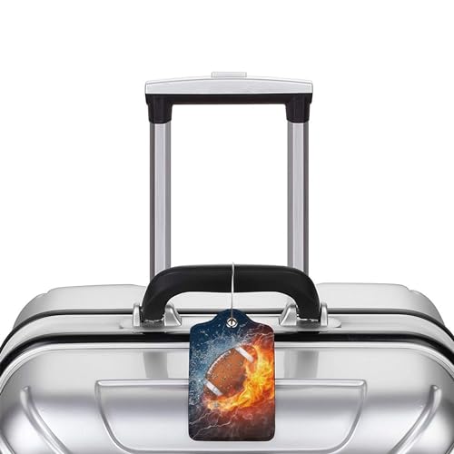 2 Pack Football Luggage Tags Travel PU Cute Leather Sports-Themed Bag Luggage Tag Name ID Labels with Privacy Cover Suitcases Women Men Girls Boys Fun Laggage Tags Identifiers with Cool Fire(football)